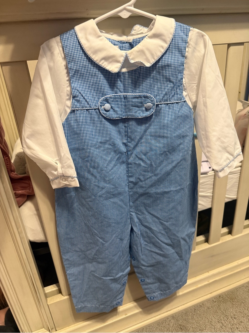 Classic Blue Gingham Baby One-Piece Romper with White Collar